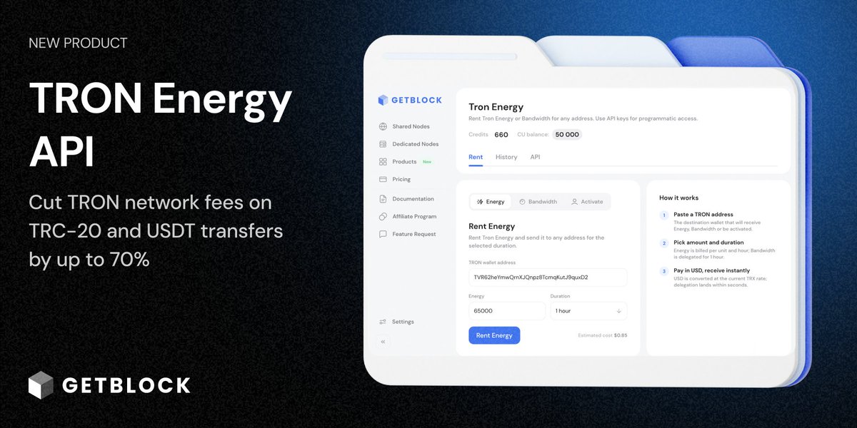 getblockio's tweet photo. New on GetBlock: TRON Energy and Bandwidth Rental.

Stop burning TRX on USDT transfers. Rent Energy on demand, pay in USD, and cut TRON fees by up to 70%.

→ Delivered in < 2 seconds
→ No staking, no frozen funds
→ Energy 1h-14d, Bandwidth 1h
→ API or dashboard

Get started: https://t.co/fVsS8eO25B

@TRON_INC @trondao @justinsuntron