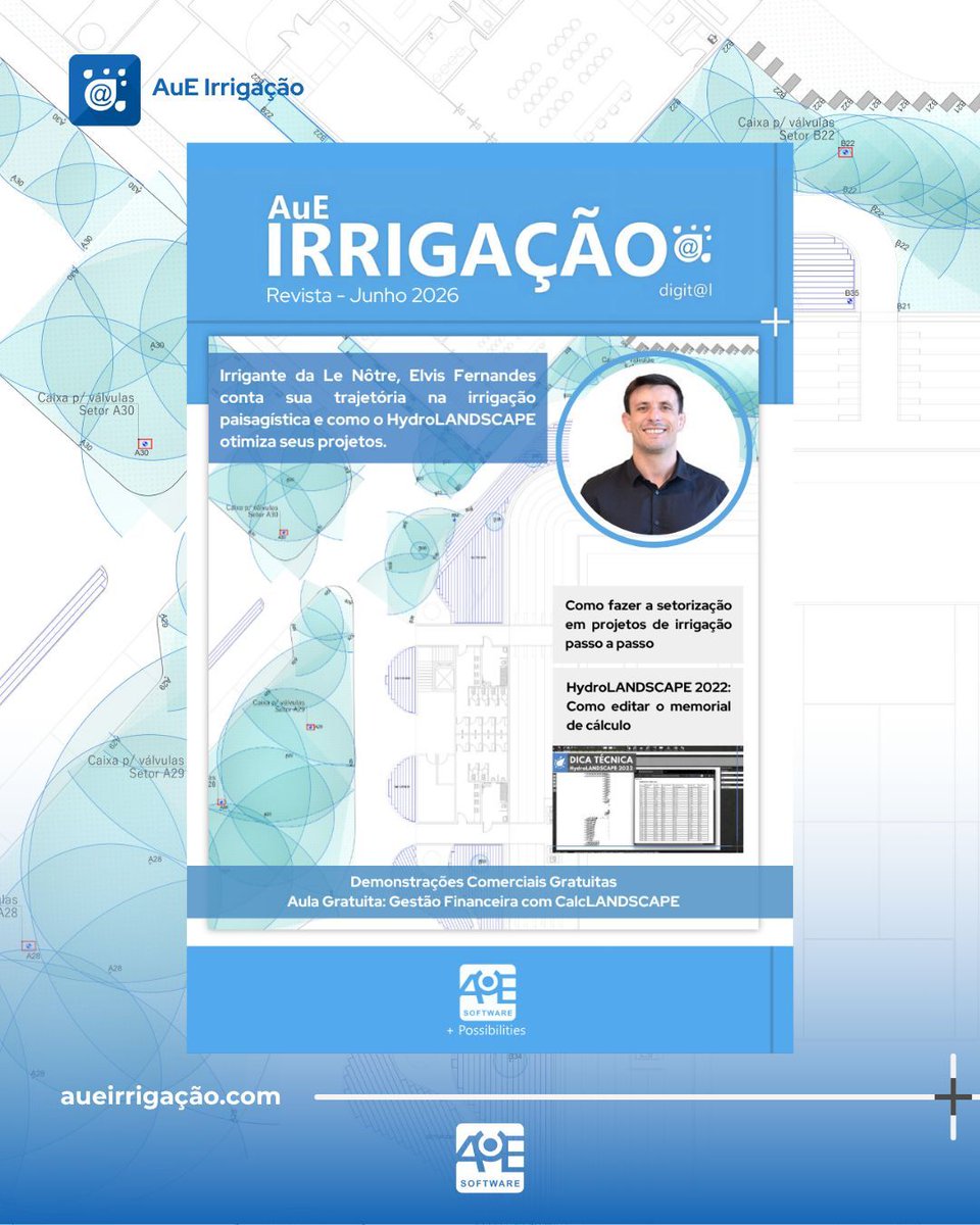 AuE_Software's tweet photo. 💧📖 Já está no ar a nova edição da Revista AuE Irrigação Digit@l!

Nesta edição, você confere a entrevista com Elvis Fernandes, conteúdos técnicos sobre setorização, memorial de cálculo, relatórios e orçamentos, além de dicas para visualizar projetos em 3D, cursos e eventos! https://t.co/aBJHjd7n6z