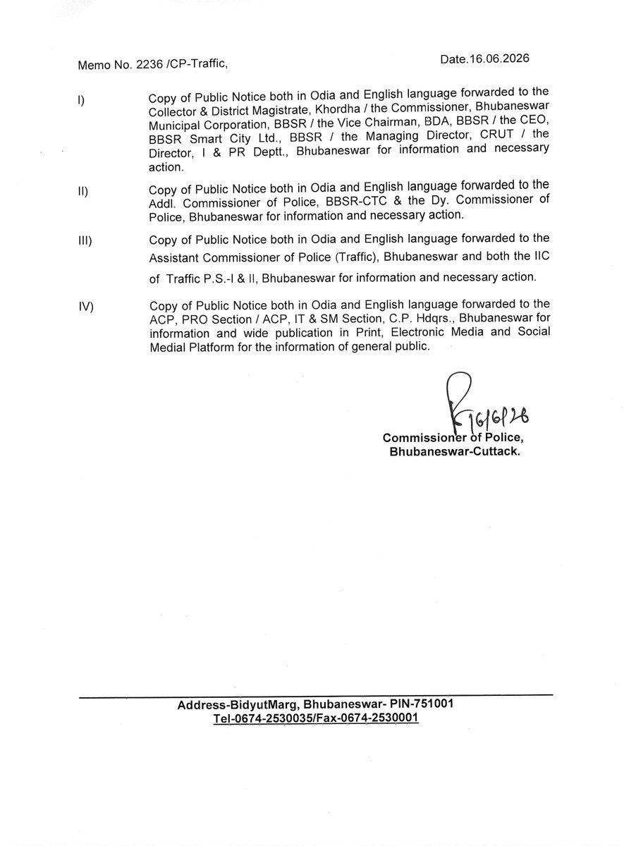 DCP_TRAFFIC's tweet photo. Traffic Advisory in connection with repairing and rehabilitation work of Palashpalli ROB from 16.06.2026 to 30.06.2026.
@DMKhordha @bmcbbsr @BDA_BBSR @BSCL_BBSR
@CRUT_BBSR @odisha_police @IPR_Odisha @cpbbsrctc @dcpbbsr https://t.co/xKo9QFHATK
