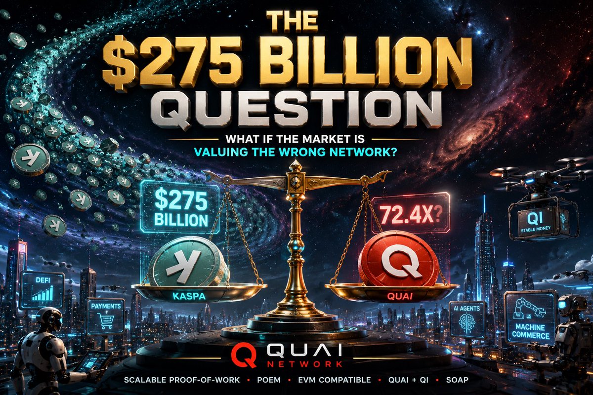 joseangelSP500's tweet photo. Let’s start with Kaspa’s circulating supply: 27.51 billion KAS.

Sometimes I wonder what the Kaspa team had in mind. Were they planning to distribute tokens across the entire galaxy?

The other day, I saw a post claiming that Kaspa could reach $10 in the next cycle.

That would imply a market cap of approximately $275 billion for a project that, as of today, has virtually no meaningful adoption in the real economy.

What Kaspa does have is a strong narrative and a strong community. But a community alone is not economic adoption.

And let’s be honest: Kaspa cannot realistically function as money in a real economy. A token worth $0.035 today and $0.030 tomorrow is not a stable medium of exchange.

Unlike Kaspa, Quai is introducing QI, an energy-linked stable-value currency specifically designed to function as money within a digital economy.

Because real economies need a stable medium of exchange.

A volatile asset can serve as a store of value or a speculative asset, but day-to-day economic activity is typically built on stable units of account and exchange.

Even the wonderful Bitcoin, despite being the most successful digital asset ever created, is primarily used as a store of value rather than as a day-to-day medium of exchange.

That is precisely why Quai introduces QI: a cash-like, energy-linked stable-value currency designed for economic activity, while QUAI serves as the scarce digital asset securing the network.

To put things into perspective:

If Kaspa reached the often-claimed $10 target, its market cap would be around $275 billion.

For comparison, Ethereum, the second-largest cryptocurrency by market capitalization, currently has a market cap of roughly $216 billion.

Now let’s look at Quai.

Quai is building scalable Proof-of-Work, PoEM, EVM-compatible smart contracts, QUAI + QI, SOAP, and infrastructure for DeFi, payments, AI agents, and machine-to-machine commerce.

Now let’s apply the same valuation framework to Quai.

If Quai reached the market cap Kaspa would have at $10 per token (~$275 billion), each QUAI would be worth approximately $275 per token.

Meanwhile, at a price of $0.03315, Kaspa’s current market cap is about $912 million.

If Quai had that same market cap today, each QUAI would be worth approximately $0.9120.

At the current QUAI price of $0.01266, that would represent a gain of roughly 72.4x.

In other words, Quai, a project that is technologically superior to Kaspa across virtually every category, would only need to reach Kaspa’s current market capitalization to generate a potential 72x return from today’s price.

Price creates opportunity.

Architecture creates conviction.

#Kaspa #KAS #QuaiNetwork #QUAI #ProofOfWork #QI