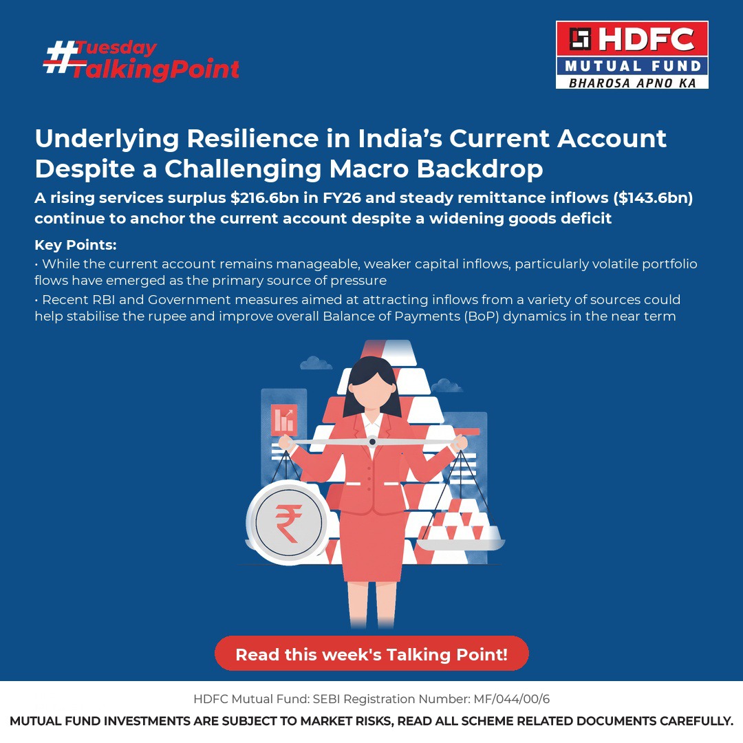 hdfcmf's tweet photo. India's current account remained resilient in FY26 despite a challenging global backdrop. Strong services exports and steady remittances are helping offset a widening trade deficit, while recent policy measures aim to attract inflows and stabilize the rupee.
#TuesdayTalkingPoint https://t.co/KDHtw5oOB4