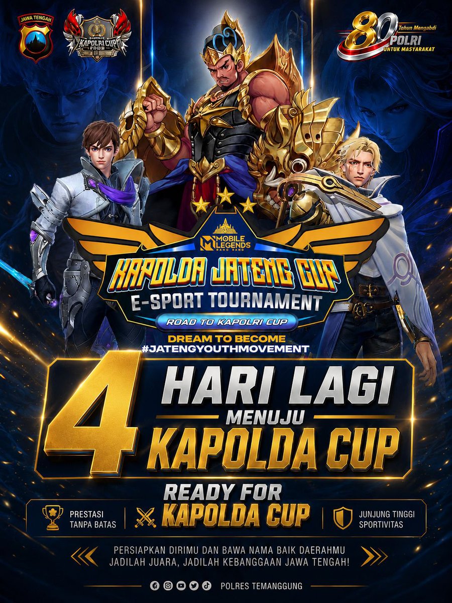 tomynvy_'s tweet photo. 🚨 4 HARI LAGI MENUJU KAPOLDA CUP 🎮🔥

✅Persiapkan strategi, dan ikuti Kapolda Jateng Cup. Tunjukkan bahwa generasi muda Jawa Tengah mampu berprestasi dan siap melangkah menuju Kapolri Cup!

#KapoldaJatengCup #RoadToKapolriCup #EsportJateng #MobileLegends #PolresTemanggung https://t.co/faZIMiwY2b