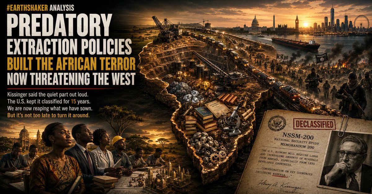 MikeArnoldTruth's tweet photo. On December 10, 1974, in a top-secret document that would not see daylight for 15 years, Henry Kissinger and the United States National Security Council put the West’s Africa strategy in writing.

Not in diplomatic doublespeak. In plain strategic language.

The document — National Security Study Memorandum 200 — did not hide what it was for. “The U.S. economy will require large and increasing amounts of minerals from abroad, especially from less developed countries.” Nigeria was named. Explicitly. One of thirteen nations whose growing populations and resource wealth posed a risk to American economic interests.

The strategy, read plainly, was not to develop Africa. It was to control it. Reduce the populations of resource-rich nations — through coercion, through “family planning” programs tied to food aid, through whatever leverage American money could buy — so those nations could never develop and use those minerals themselves — could never build, could never rise, could never become the great civilizations they had every resource and every right to become.

Extract at all costs. Then manage the mess.

And now China has picked up the same playbook — without even Kissinger’s thin cover of national security concerns. No development pretense. No humanitarian fiction. No missionaries, no schools, no cover story. Debt traps. Infrastructure built by Chinese labor that transfers no skills to Africans. Resources shipped directly to Beijing. Pure extraction, without a conscience to get in the way. The West at least had to maintain the performance of caring. China has dropped the curtain entirely. If the West’s strategy was predatory, China’s is feral.

Here is the part that should stop you.

The starvation. The mass displacement. The perpetual poverty. Kissinger’s document treated those as concerns to manage — side effects to contain. But they were not a baseline condition the West was trying to fix. They were the expected byproducts of the extraction strategy itself.

They designed a machine to strip a continent of its wealth. Then they wrote policy papers about how to handle the toxic waste — the shattered governments, the broken societies, the generations of people with nothing left — that the machine would inevitably produce.

Kissinger’s toxic waste was human lives. Civilization. Potential.

And now the dump has overflowed.

READ THE FULL ANALYSIS: https://t.co/j0F5D5yo4E