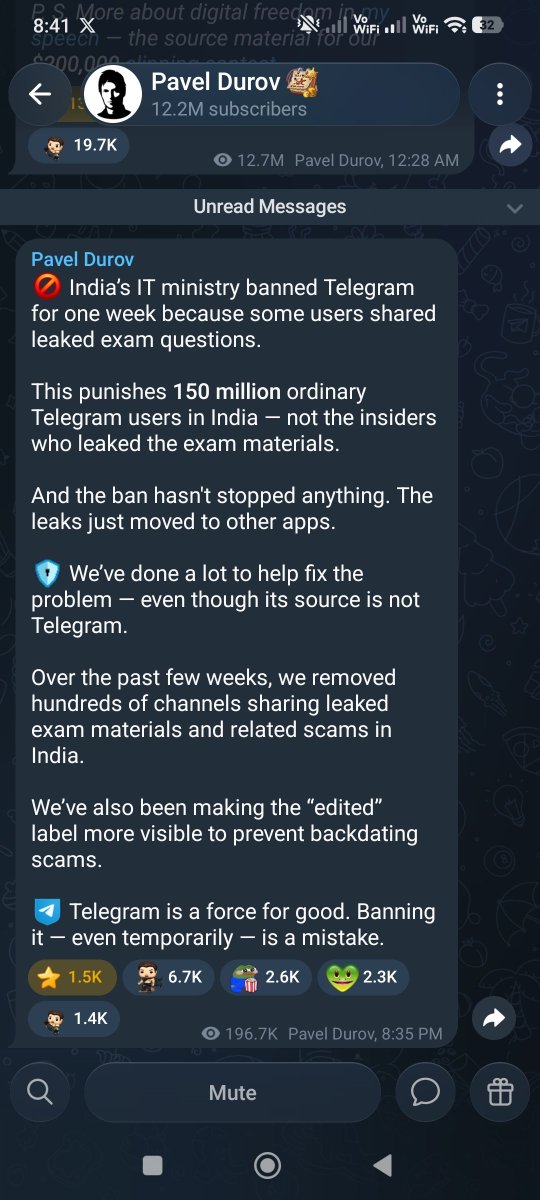 naviera101's tweet photo. Guys, is your Telegram still working?

Because the Indian Government has reportedly imposed a temporary ban on Telegram for a week.

This News Officially Confirmed by Pavel Durov.

Let me know if you're still able to access it. 👇

#Telegram #India #TechNews https://t.co/Xkd14JmnPd