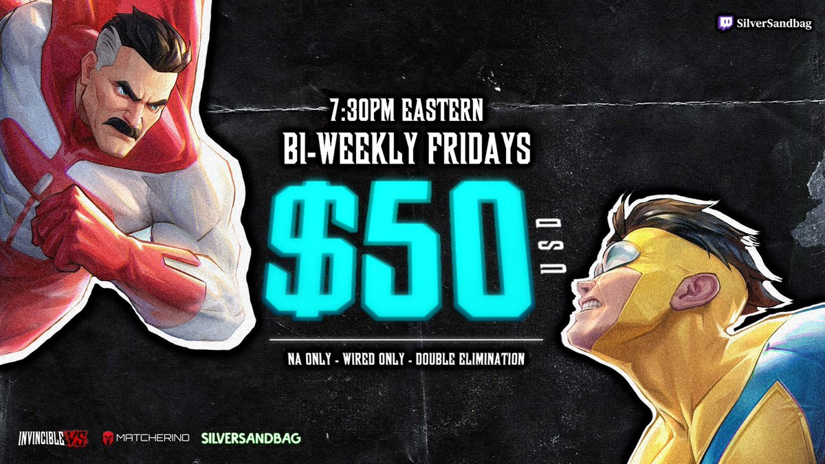 SilverSandbag's tweet photo. Calling all Guardians of the Globe!

Our next bi-weekly #InvincibleVS tournament happens this Friday, June 19th at 7:30pm Eastern!

Use the links below to register!
🖊️ : https://t.co/9xlJQG0XXM
💵 : https://t.co/7CvrOKEGvN
💬 : https://t.co/3NZQJxhdCx

Let's see what you've got! https://t.co/jkYKyQHJK9