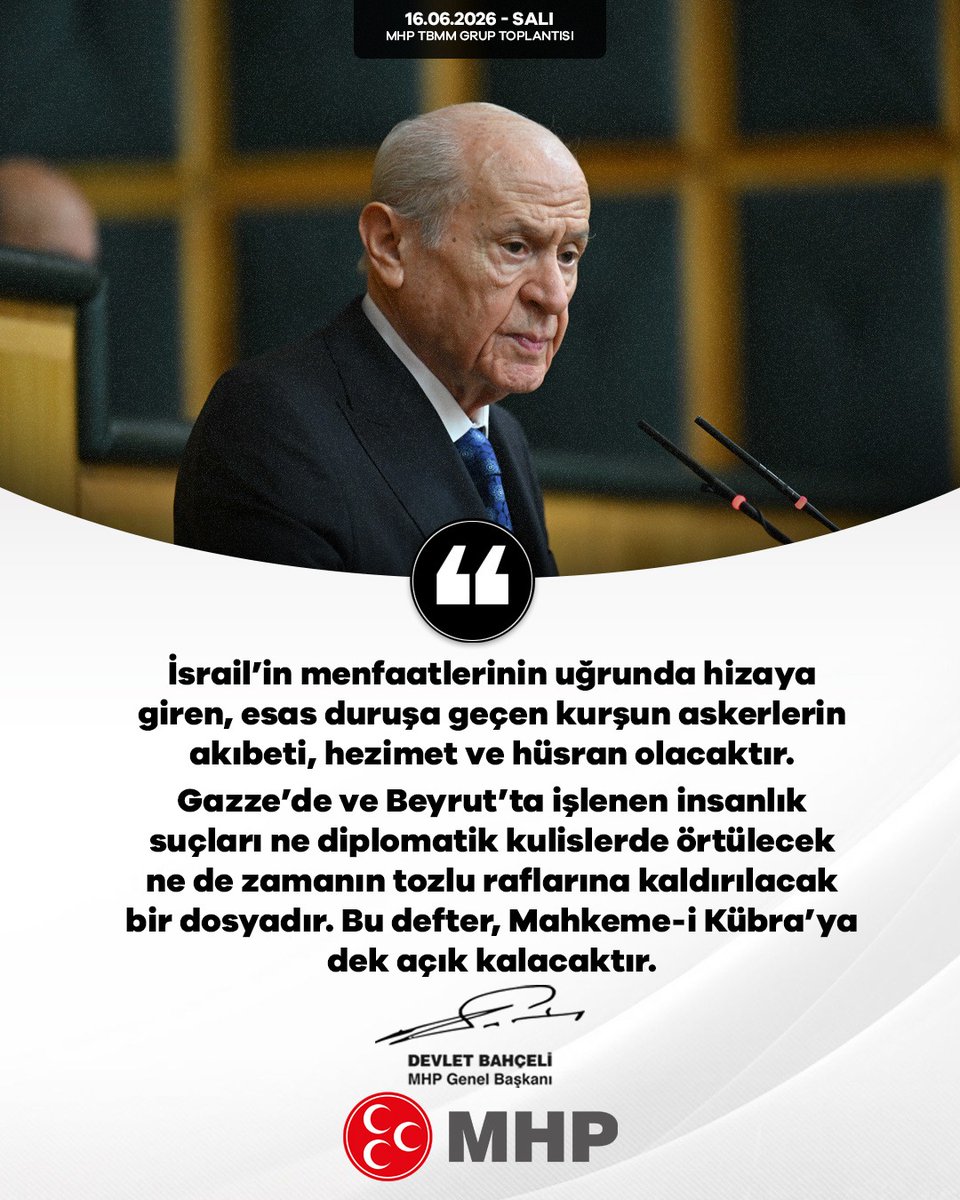MHP_Bilgi's tweet photo. İsrail’in menfaatlerinin uğrunda hizaya giren, esas duruşa geçen kurşun askerlerin akıbeti, hezimet ve hüsran olacaktır.
Gazze’de ve Beyrut’ta işlenen insanlık suçları ne diplomatik kulislerde örtülecek ne de zamanın tozlu raflarına kaldırılacak bir dosyadır. Bu defter, Mahkeme-i Kübra’ya dek açık kalacaktır.

MHP Genel Başkanı
Devlet BAHÇELİ