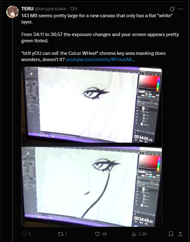 9_f57's tweet photo. @csaurageul Funniest part was your camera recording of your screen had a moire effect which made some of your screen look a little green. He went frame by frame through the video to find the one point where you zoomed and panned so it lined up and claimed it was tracing lmao https://t.co/W8SBEesegx