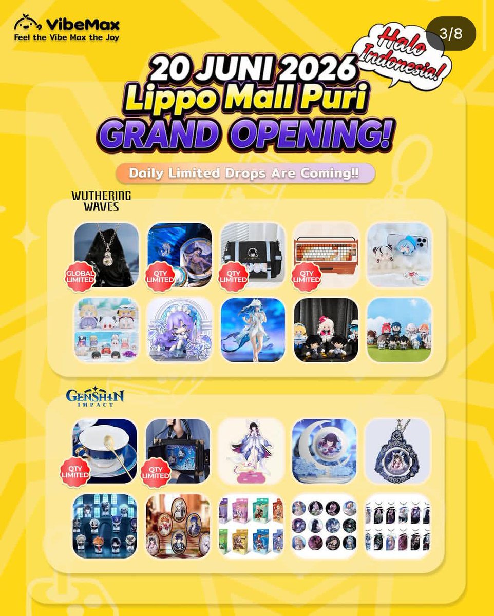 jastifyjkt's tweet photo. ‼️Open Jastip Grand Opening VIBEMAX Lippo Mall Puri‼️

🗓️20 Jun 2026
✅Grup/Channel WA
📦🍊/JNE
Boleh DM~

- HSR / Honkai: Star Rail
- Genshin Impact
- ZZZ / Zenless Zone Zero
- Wuwa / Wuthering Waves

#warunghsr #warungwuwa  #warunggenshin #warungzzz #warunggame #animerch https://t.co/UTNRzgsyHI