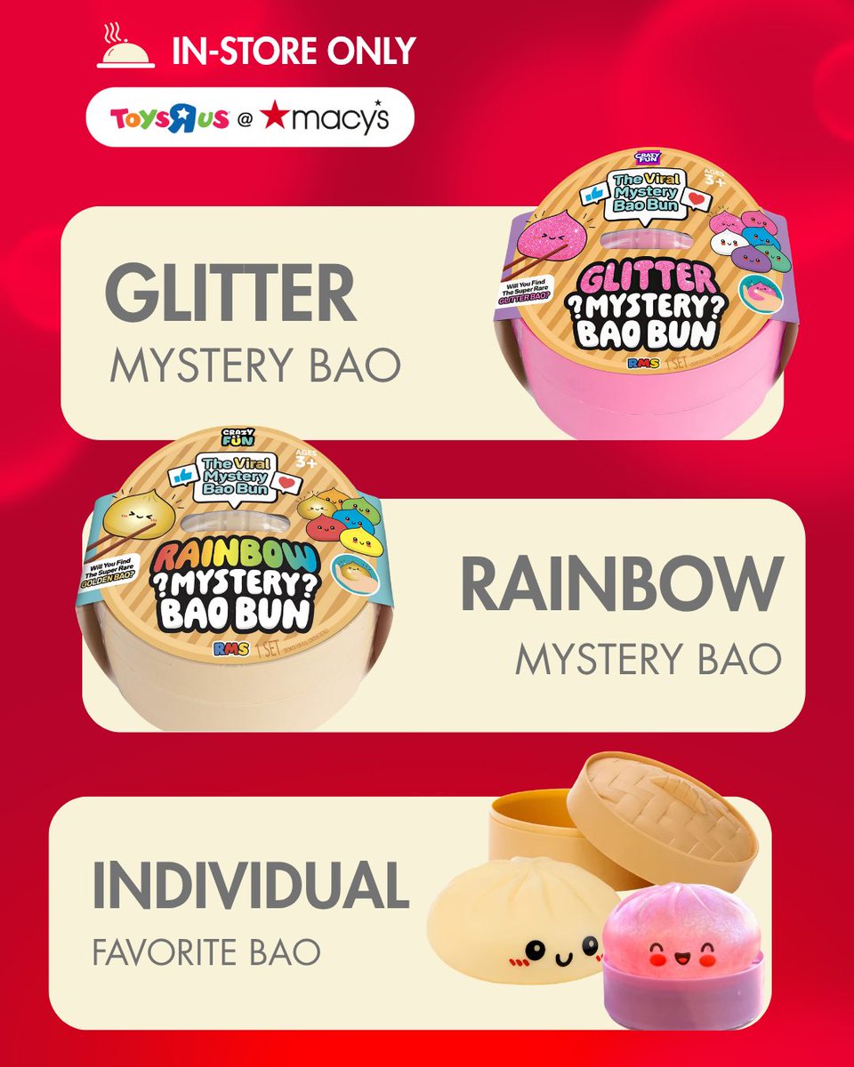 ToysRUs's tweet photo. Just added to our menu of toys...
Squishy Mystery Bao Buns! Available in-store only at your nearest Toys"R"Us at @macys. 
-
Get these viral bao buns before they are gone. Limited supply, so find a Toys"R"Us at Macy's store near you at https://t.co/GspHDXGPqh. https://t.co/7iC7Skw7jD