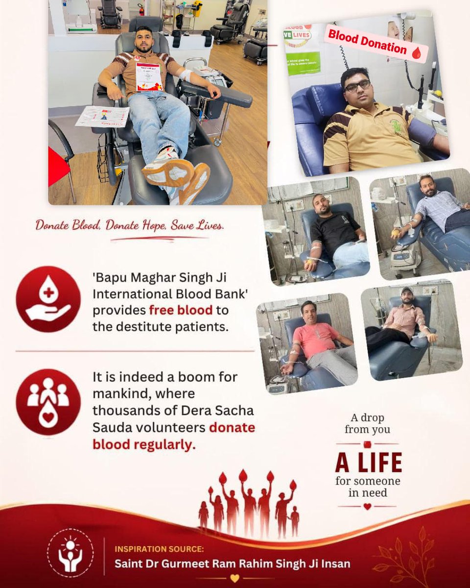 Sandeep40611375's tweet photo. Everyone needed blood for living especially who are effected with hard diseases Dera Sacha Sauda had blood bank which is available 24×7 and millions of peoples take benefit of it #DonateBloodSaveLives #ThalassemiaPatients
#DeraSachaSauda #RamRahim https://t.co/kl6c12NsdY