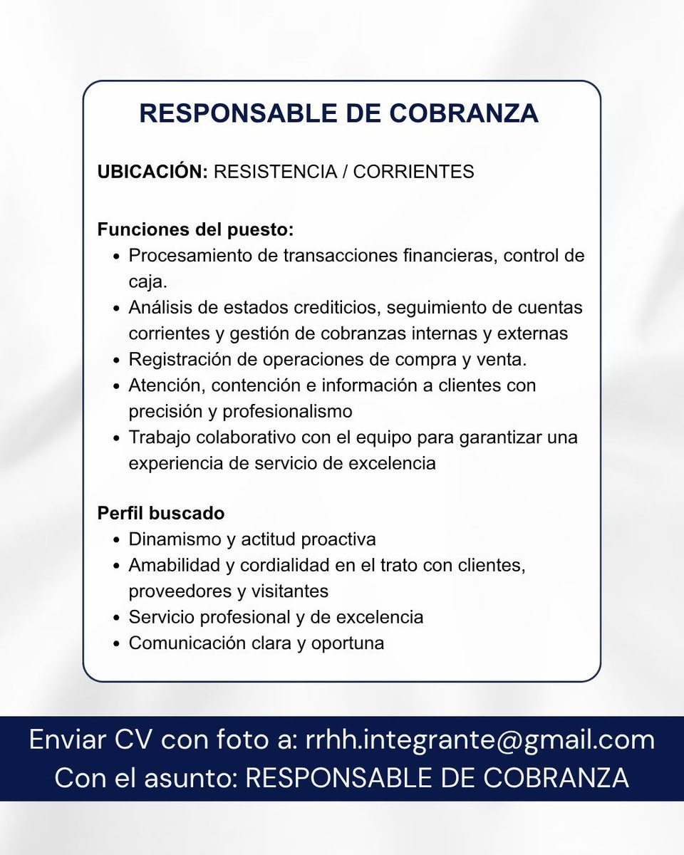 tneaar's tweet photo. ⚪🟤 #RESISTENCIA / #CORRIENTES - Reconocida empresa busca #RESPONSABLE DE #COBRANZA
👉 Enviar CV con foto a: 📧 rrhh.integrante@gmail.com con Asunto: "RESPONSABLE DE COBRANZA"
#TNEA #Chaco #Corrientes #empleoar #trabajoar https://t.co/vsJ89EetJu