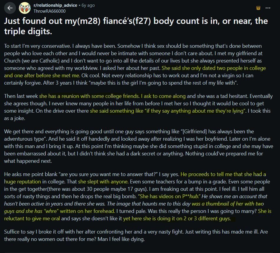 Z4BTC_'s tweet photo. This is a moral dilemma a lot of Christian men will have to face.

What works isn’t always moral, and what’s moral doesn’t always work. In today’s society, waiting until marriage almost ensures failure for men.

The average 18 year old girl has far more sexual experience than the average 30 year old man. Such a mismatch creates naivety in men and jadedness in women.

Men who preserve themselves are expected to give their best to a woman who’s at her worst.

So their choices boil down to marrying a former hoe who resents them, or getting lucky enough to find someone young.