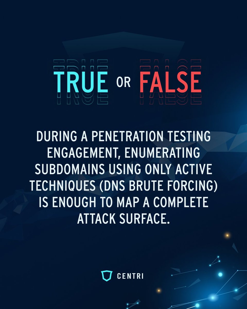 centri_org's tweet photo. During a Penetration Testing engagement, enumerating subdomains using only active techniques (DNS brute forcing) is enough to map a complete attack surface.

Let us know in the comments!

#TrueOrFalse  #penetrationtesting #ethicalhacking #cybersecurityawareness https://t.co/AVBfXLfSfN