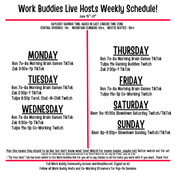 workbuddies21's tweet photo. Work Buddies Weekly Schedule
June 15th-21st
Follow/Subscribe on SubStack for daily lineups w/ clickable links directly to streams https://t.co/laMbSHuj0V Community access https://t.co/3rKnxWTihU Discord https://t.co/nvjCoIWnwH Follow your hosts &amp; turn on notifications. https://t.co/37TPiaWFJ9