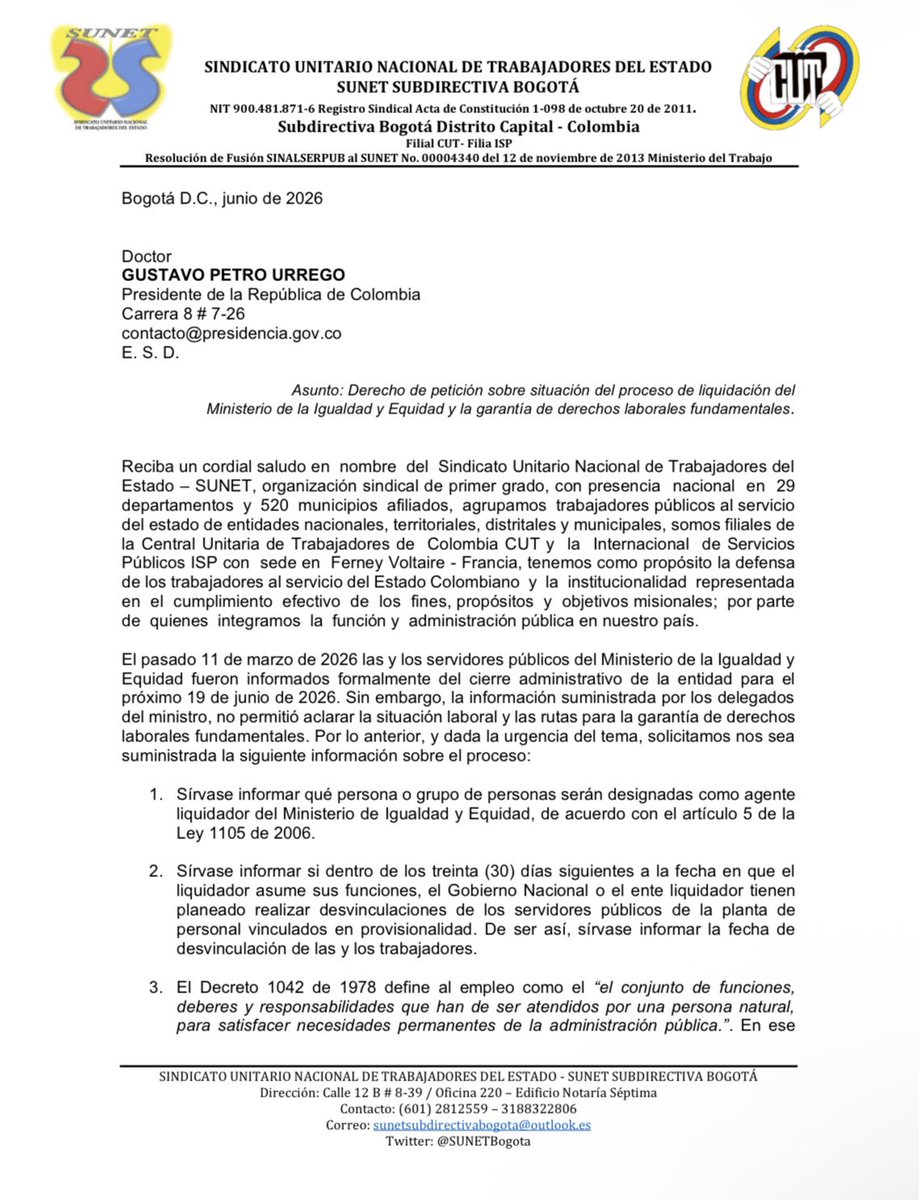 SUNETBogota's tweet photo. .@SUNETBogota solicita públicamente información al Presidente @petrogustavo sobre el proceso de liquidación de @MinIgualdad_Col.

En @MinIgualdad_Col no hay respuestas, los trabajadores exigen información inmediata y garantías laborales. Cada día crece la incertidumbre. https://t.co/pwhEonmMVD
