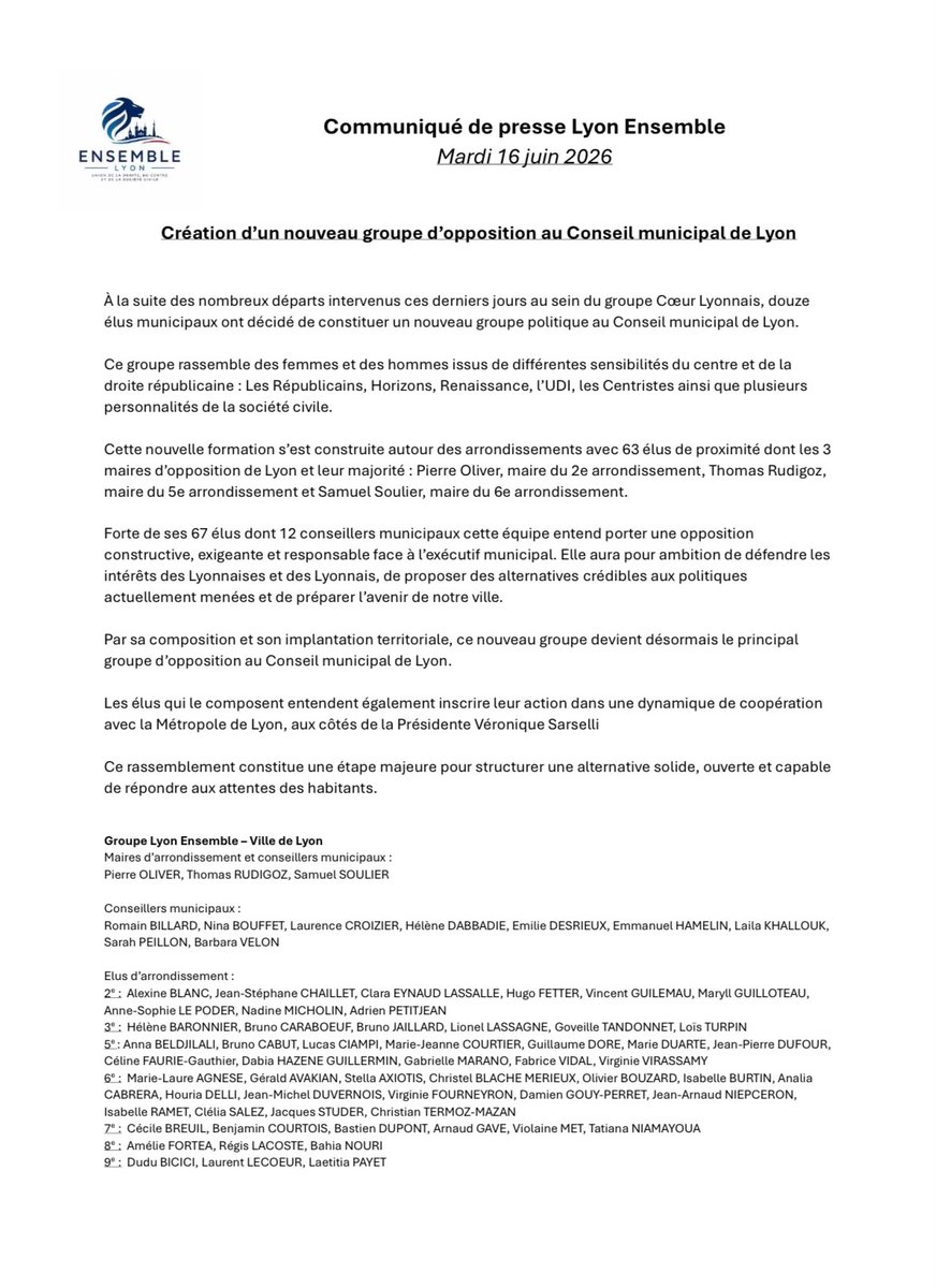 BenjCourt's tweet photo. Comme l'ensemble de mes colistiers élus a l'arrondissement, j'ai décidé de rejoindre la soixantaine de membres de Lyon Ensemble, dans une opposition constructive, au service de toutes et tous. https://t.co/xJ1umUtojK