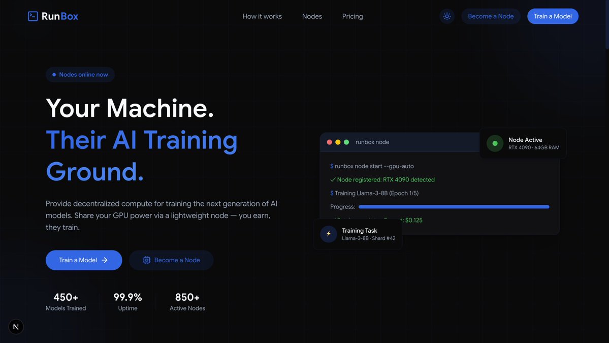 thecodeguyy's tweet photo. Hey guys!

We all know training AI on a single GPU costs hundreds of $/hr and takes weeks.

So i decided to build RunBox, Decentralized compute that splits training across idle GPUs worldwide. Same result. 10x cheaper. No single point of failure.

Think: your spare GPU earns compute credits while someone else trains a model overnight.

Want to make this OSS. Looking for contributors who care about:

→ distributed systems
→ ML infra
→ making AI training accessible

Drop a comment or DM. Let's build it.