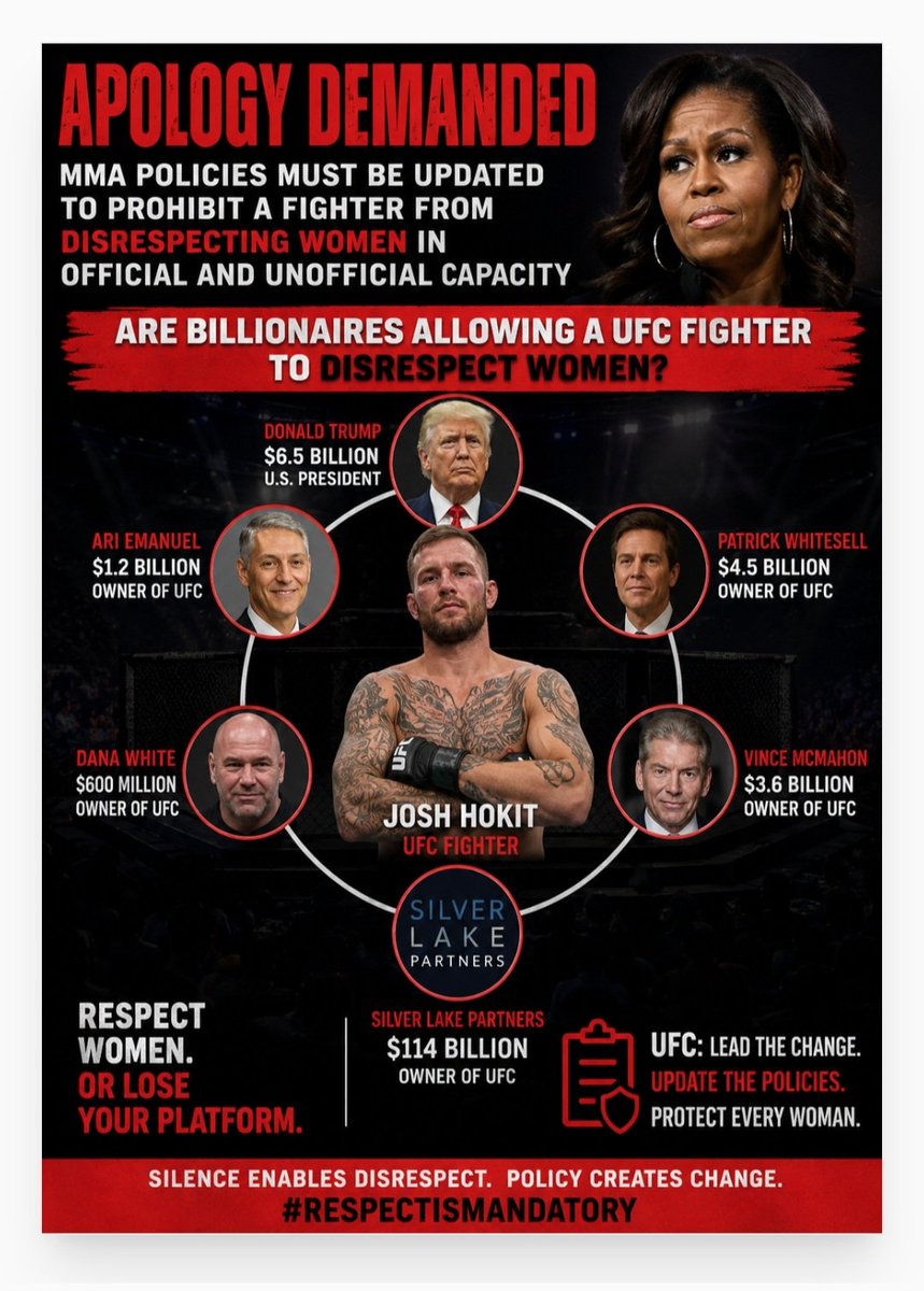 christaforcola's tweet photo. 🤔 @realDonaldTrump why is a @ufc fighter, Josh Hokit  disrespecting a woman, @MichelleObama, at the first Whitehouse UFC fight with you sitting in the audience? Is it because of your continuous infectious disrespect of women almost quarterly in your capacity as President of the United States. Then your billionaire buddies who own UFC are eerily quiet and have offered almost no response and have not required a public apology from fighter, Josh Hokit. Mr. @danawhite, as a UFC owner, your statement in @TIME  below condemns Hokit words but you have not asked him to publicly apologize, there is a difference" White's Statement....“I understand that the Obamas are public figures but I’m completely against saying nasty and false things about people’s families. Everyone knows my position on free speech but I hate that kind of nonsense.” 

Dear Mr. White, as one of your fighters, Josh Hokit should be required to publicly apologize and your MMA policies updated to prohibit this type of behavior from fighters in the future.

Donald Trump once again, you and your billionaire crew are proving to the American people just how harmful it is to solely have wealthy men run our Country. Your silence on this matter is sickening and your silence is very loud and reaffirms in the mind of every woman and man watching... who you and your billionaire friends really are. Why would Donald Trump host the first UFC fight at the Whitehouse and allow a fighter to disrespect a woman the very first time an event of this type is held in DC? Hokit's comments sets the precident for disrespect of women to continue at future fights. The least that you and your billionaire buddies could do is to require that Hokit apologizes, this fighter was in an official work/contract capacity and you all have not held him accountable and/or ensured to the public of the absence of these incidents, but your silence on this matter is once again reaffirming exactly who you and your billionaire friends are.....
@CNN @MSN  @FoxNews @NBCNews @CBSNews @nypost  @BarackObama @WSJ @TheRevAl @cspan @BBCWorld @NewsNationTV @ABC @NEWSMAX @cthagod @nytopinion @usnews