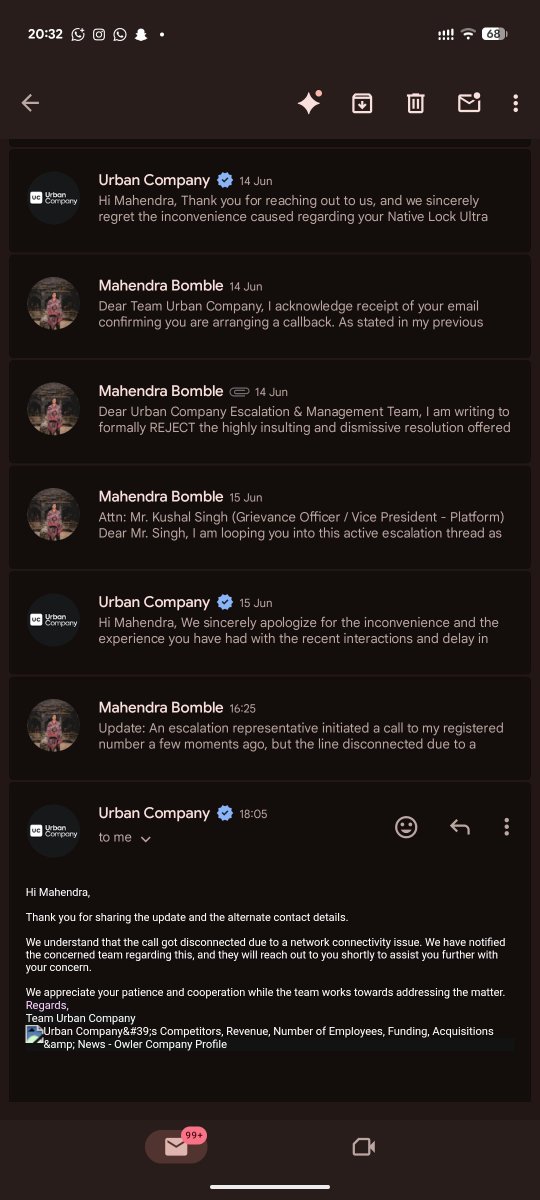 mtrmahendra's tweet photo. @urbancompany_UC @consaff @jagograhakjago @jaagograhakjago The irony. @urbancompany_UC's executive team emails me promising an immediate callback, while their app support simultaneously copies &amp; pastes macros telling me to "drop from the chat". The window passed. No call. Total structural breakdown. @abhirajbhal @varunkhaitan @ra9 https://t.co/YVvgTrbZ3M