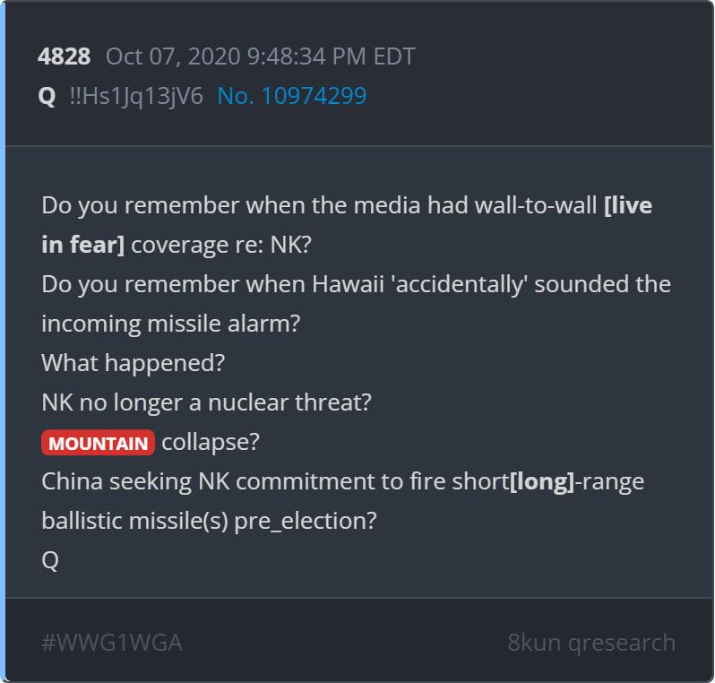 MQaveli's tweet photo. A mountain collapsing in Iran to hinder their nuclear capabilities was not the first time that it's occurred. The same thing occurred more discreetly to North Korea back in 2017.
Qp 41
What a coincidence the MOUNTAIN that housed NK’s nuclear weapons and testing collapsed
Qp 4828 https://t.co/OqdgQEmEaD