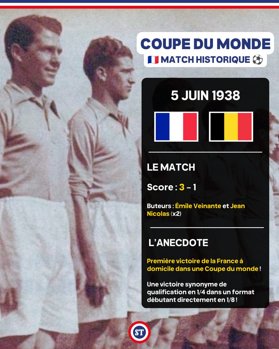 sportricolore's tweet photo. 🇫🇷 Un jour, un match historique de l'histoire des Bleus à la Coupe du monde ⚽️

5 juin 1938 - CDM en France ⬇️
🇫🇷 3 - 1 🇧🇪
🏟️ Stade olympique Yves-du-Manoir
🫂 30 454 spectateurs
💥 Première victoire de la France à domicile dans une Coupe du monde https://t.co/frEkd9OiMG