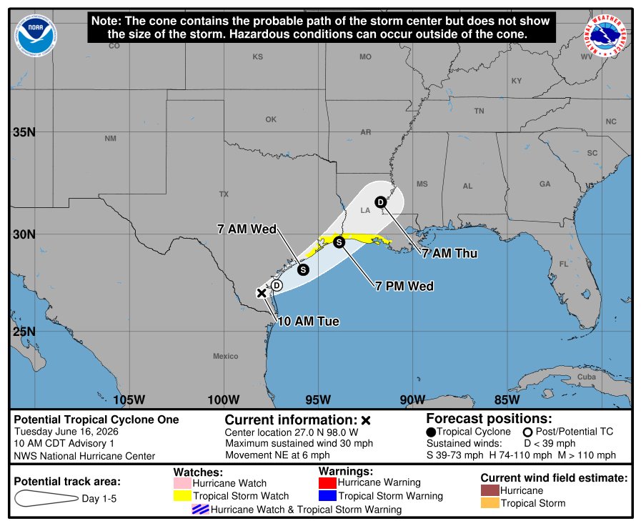 ATPWeather's tweet photo. All over the South from #TX to #GA, Potential Tropical Storm One has formed, still making it a 60% for both a 2 and 7-day formation chance.

It may form into a Tropical Storm Wednesday.

Rainfall could go as high as 12 inches Thursday, which could result in serious flash floods. https://t.co/bR9410v1DT