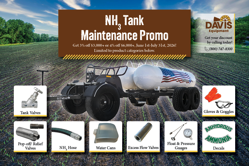 DavisEqCorp's tweet photo. We're having a promo on parts for your NH₃ tanks! 

Get:

• 3% off $3,000+ 
      OR
• 4% off $6,000+

Valid June 1st-July 31st, 2026!

Call us today at (800) 747-8300 to get your parts ordered! https://t.co/Csv4f89qE4