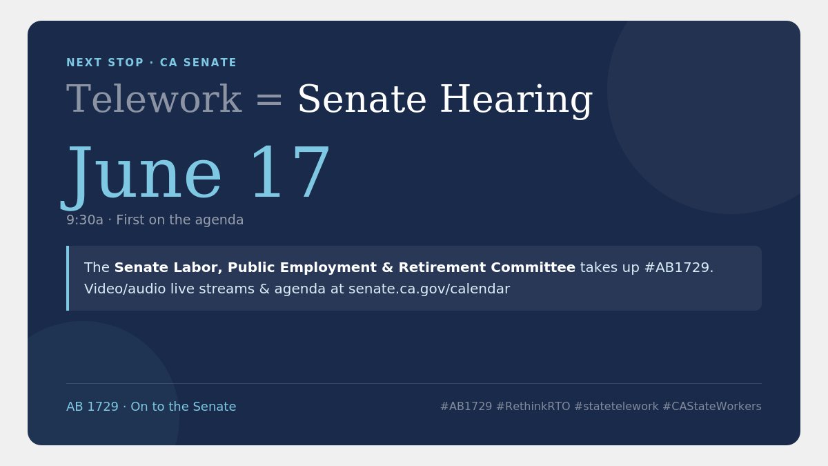 PECG's tweet photo. The CA Senate Labor, Public Employment & Retirement Committee hears #AB1729 on 6/17 at 9:30a. It's 1st on the agenda. Video/audio live streams & agenda at https://t.co/m0d993iDZU #RethinkRTO #statetelework #CAStateWorkers https://t.co/mvX4zeZTdd