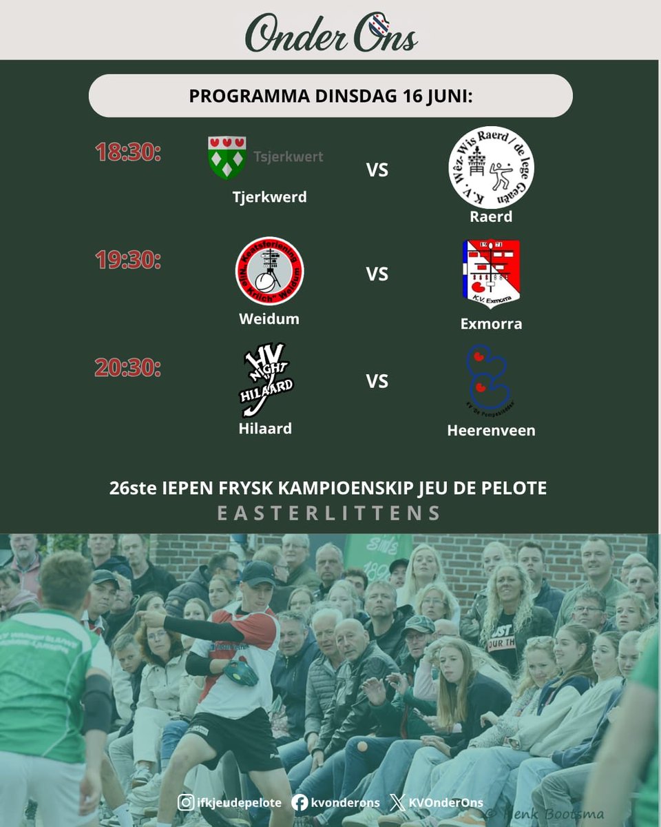KVOnderOns's tweet photo. Gister hadden we een prachtige eerste avond Jeu de Pelote en ook vandaag staan er weer drie mooie wedstrijden op het programma.

Zonder onze sponsors zou het IFK Jeu de Pelote niet mogelijk zijn. Vandaag zetten wij graag de volgende sponsors in het ☀️ 

Foto’s: Henk Bootsma https://t.co/wPhlaBIwCF
