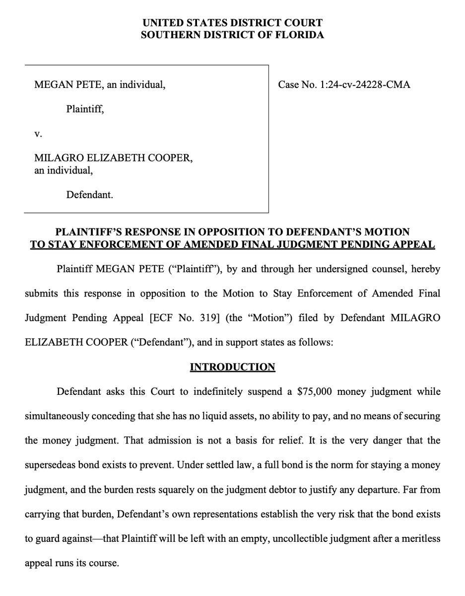 meghanncuniff's tweet photo. Milagro owes Megan Thee Stallion $75,000. She wants a judge to let her hold off on paying until after she appeals the defamation judgment.

Megan's lawyers say she should at least have to pay a bond equal to the judgment. https://t.co/sooXoRIUPv
