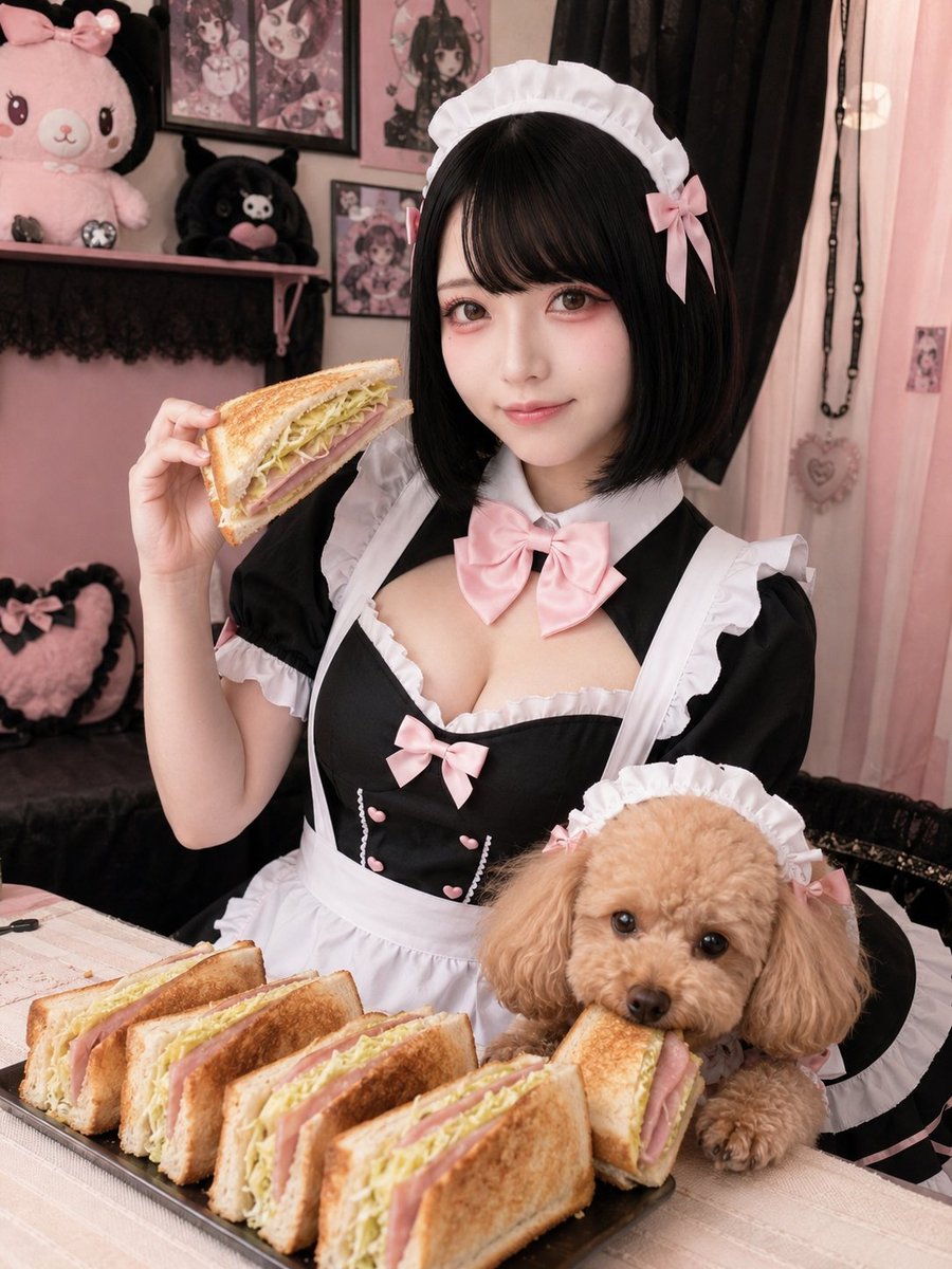 mamichan_jpn's tweet photo. おはよう☀️今日の朝はお手軽キャベツとハムチーズの焼きサンド🥪✨
こんがりトーストにとろけるチーズ、シャキシャキキャベツが最高〜🤤
ってわんこ、もう食べてるでしょ…!?🐶💢笑
#HotSandwich #JapaneseFood #MaidDog #AIart https://t.co/it8b1KJxws