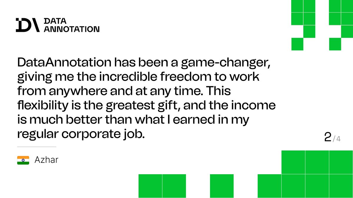 Data_Annotation's tweet photo. Language fluency is in high demand in AI training.

DataAnnotation connects native speakers worldwide with multilingual projects that need real cultural and linguistic judgment — starting at $20-$50+/hr.

Hear from our contributors. https://t.co/b8a4GkWGaI