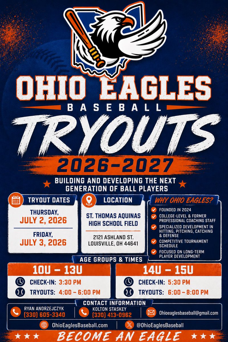 OhioEaglesball's tweet photo. Youth tryout season is upon us. Come out and showcase your talents to be apart of Eagles family built to develop the future of baseball.
#Eaglesbaseball #drivethebus https://t.co/jYalr1VwmQ