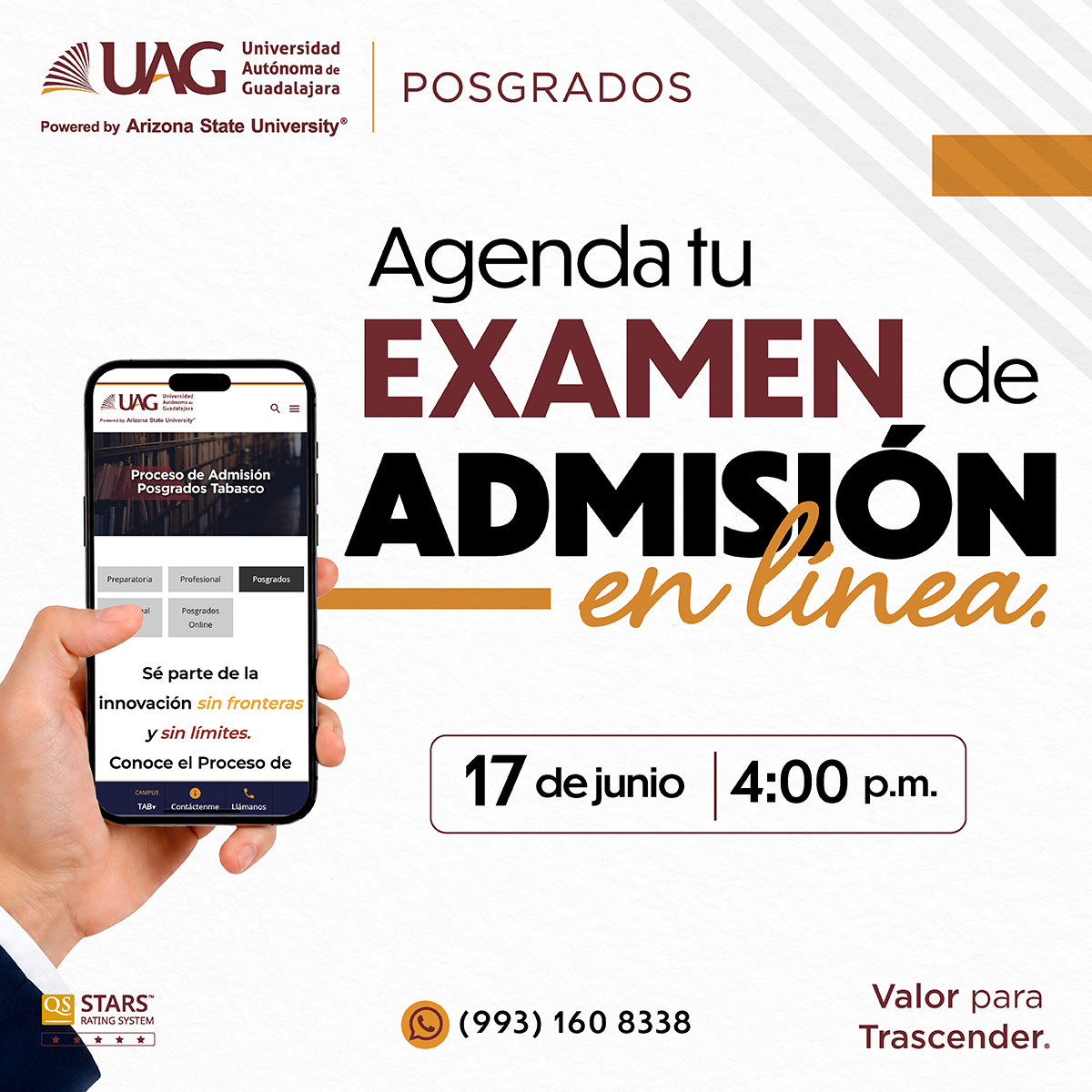 UAGTab's tweet photo. ✅🦉 ¡Da el siguiente paso en tu crecimiento profesional!

Presenta tu 𝗘𝘅𝗮𝗺𝗲𝗻 𝗱𝗲 𝗔𝗱𝗺𝗶𝘀𝗶ó𝗻 y asegura tu lugar en nuestros programas de posgrado en la UAG Campus Tabasco. 🎓

👉 ¡Regístrate ahora! https://t.co/WPGmKkjX5b