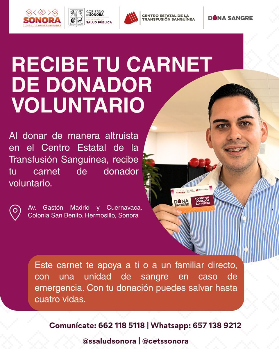 CetsSonora's tweet photo. En el marco del Día Mundial del Donante de Sangre, te recordamos que al donar de manera altruista en el CETS, obtendrás tu carnet, el que te apoya a ti o a un familiar directo con una unidad de sangre en caso de emergencia 🩸.

Dona sangre  y salva vidas ✨.

#DonaSangre https://t.co/VQZr78nWZq
