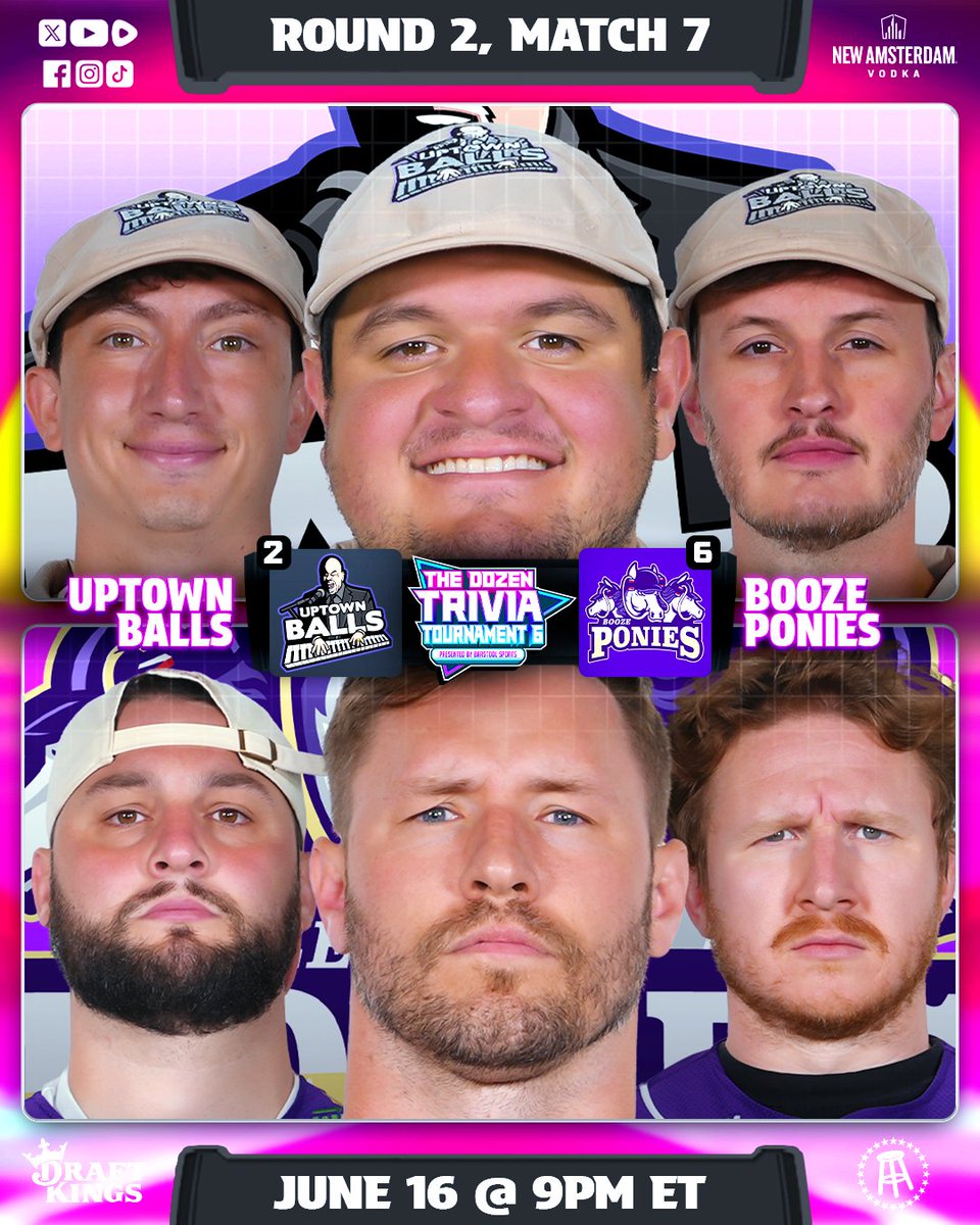 TheDozenTrivia's tweet photo. 🏆 TOURNEY TIME 🏆

Round 2 rolls on at 8|7c with MINIHANE (@kirkmin @RobbieBarstool @ChrisKlemmer) vs. CHICAGO (@barstoolWSD @BarstoolChief @StevenCheah) followed immediately by UPTOWN BALLS (@Glenny_balls @rone @TomScibelli) vs. PONIES (@_willcompton @danabeers @StevenCheah) https://t.co/Xd1MaZfRTO