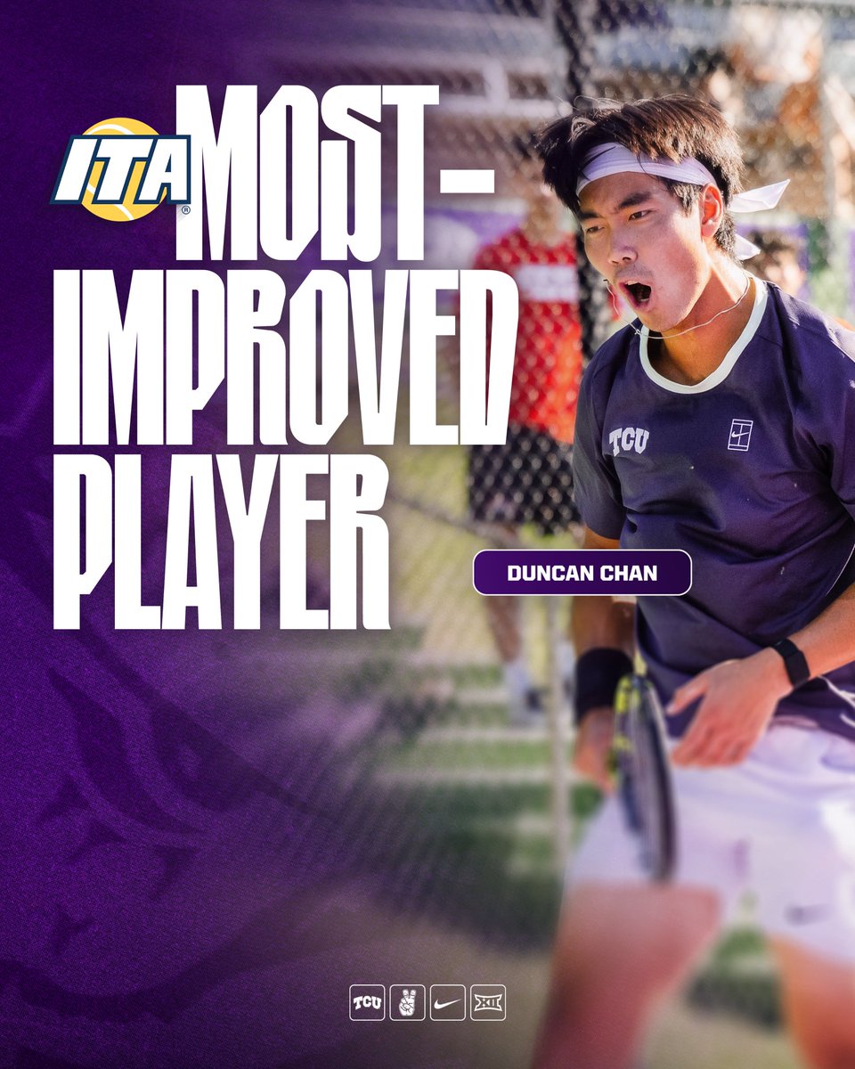 TCUMensTennis's tweet photo. One of the best individual stories of the season ✨

The 2026 ITA Most Improved player, Duncan Chan becomes the third Horned Frog to win a year-end national award 

#GoFrogs https://t.co/aF4Sx75WC4