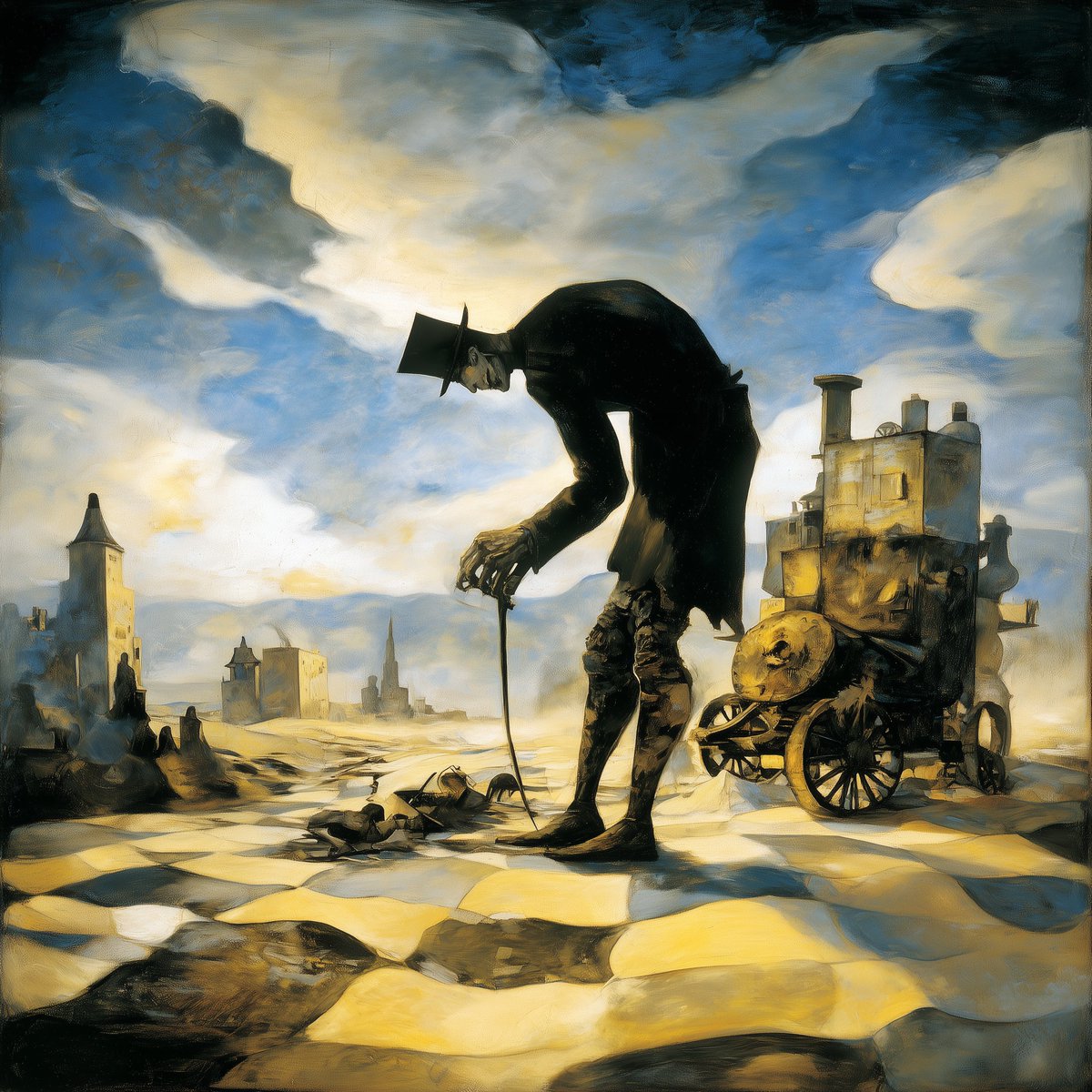 sbtwolf's tweet photo. Thank you so much for the thread, Cozomo and Rollbit!
#ArtTank

"A Fallen Age"
1/1
0.10 $ETH 

https://t.co/WUVHa4Yowz

In the endless twilight of a world that once roared with steam and ambition, the gentleman—known only as Elias in the fading echoes of memory—walks alone.

Long ago, he was the architect of empires built on iron rails and fire. He poured his soul into the great locomotives, believing they would carry humanity beyond mortality itself. But hubris invited catastrophe: a chain of explosions, a sky torn open, civilization unraveled in flame and silence. In his final act of defiance, Elias bound his spirit to the wreckage, vowing to salvage one spark, one gear, one fragment that might restart the age.

The curse answered differently. He did not die. Instead, he became eternal witness to the ruin he helped create.

Now he wanders the cracked checkerboard plains, top hat crooked, coat frayed to threads, cane tapping against debris like a metronome counting lost time. Each dawn he returns to the same shattered engine—his masterpiece, now a rusting tomb—and kneels to sift through the shards. His skeletal fingers turn over broken brass, searching for meaning, for forgiveness, for anything that isn't dust.

He finds nothing. He never will.

Yet he rises, straightens his hat with habitual dignity, and walks on—through storms that no longer wet the earth, past cities reduced to silhouettes, alone with the wind that carries no voices. Despondent, yes, but never quite broken. The gentleman is doomed to walk the fallen age forever, forever inspecting the remnants, forever hoping the next piece might be the one that ends his vigil.