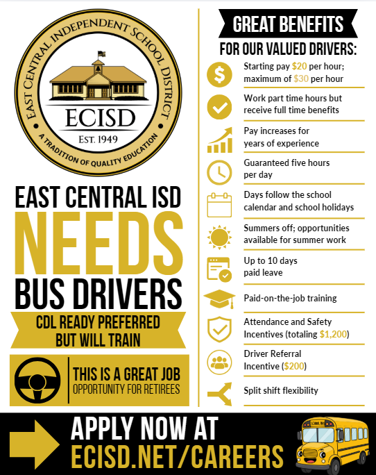 ECISDtweets's tweet photo. East Central ISD needs bus drivers.

No CDL? We provide paid training.

Competitive pay, school holidays, summers off, incentives, and the opportunity to impact students every day.

Know someone who would be a great fit? Tag them!

Apply now: https://t.co/iI3Tvi8V6G https://t.co/pERJ9H0lnd