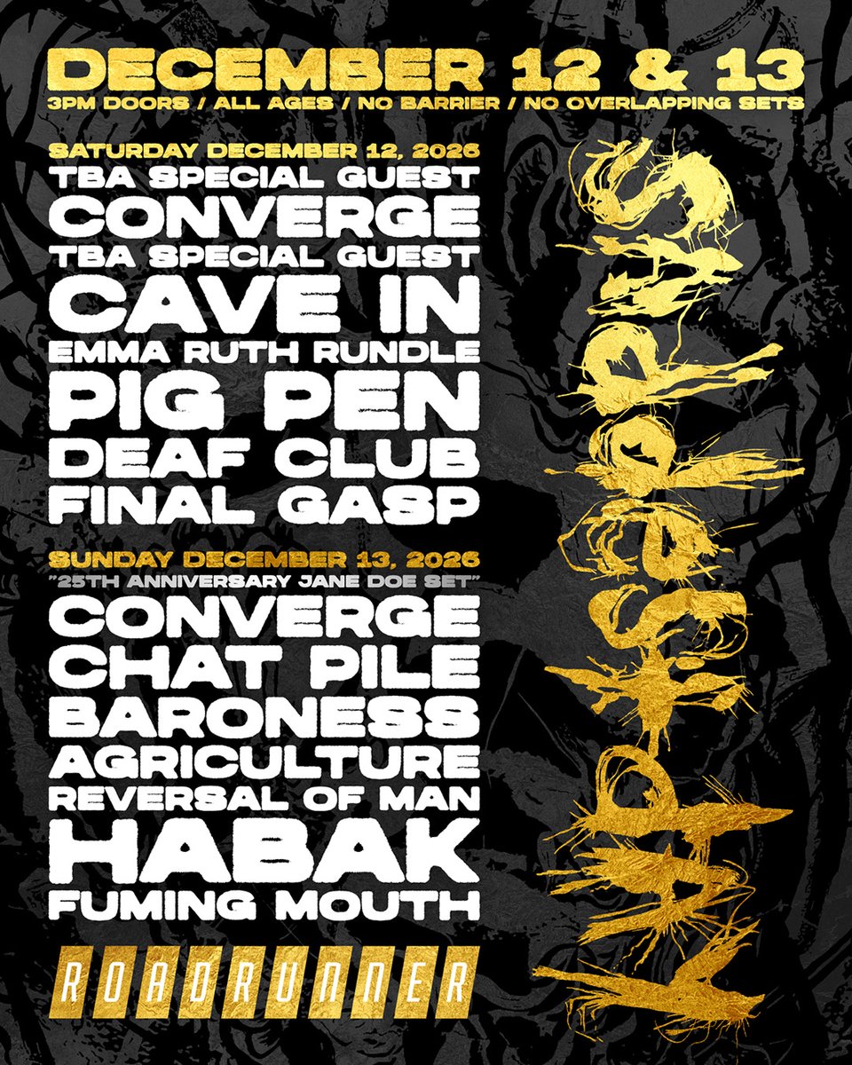 roadrunnerbos's tweet photo. JUST ANNOUNCED: Converge Presents Saddest Day 2026 returns to Roadrunner on Saturday. December 12 + Sunday, December 13! Tickets on sale Thursday, June 18 at 12pm🎫🎫>>>https://t.co/JgJ2OXU3Pd https://t.co/0MRFDiWM9Y