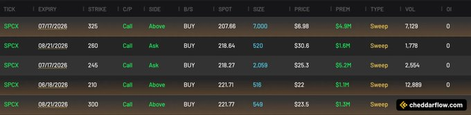 AlexGregori's tweet photo. This is INSANE

Someone just bought $4.9M worth of SPACEX calls with a 325 STRIKE

Another whale bought $1.3M that have a 300 strike

$SPCX  is trading around 210 right now... https://t.co/qJ1nxxm0Em