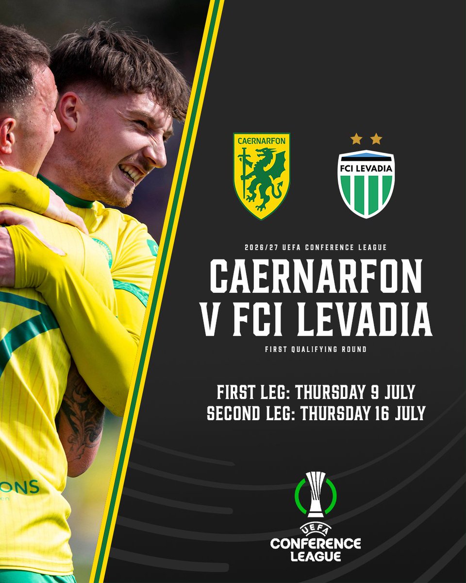CymruLeagues's tweet photo. The UEFA Conference League first qualifying round draw has paired @CaernarfonTown with FCI Levadia 🇪🇪

The Cofis will host the first leg on 9 July before travelling to Estonia for the return fixture on 16 July 🌍 https://t.co/0QkCBaKheL
