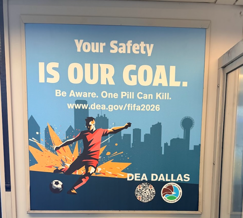 Poster showing a soccer player kicking a ball, warning that one pill can kill, promoting safety by DEA Dallas.