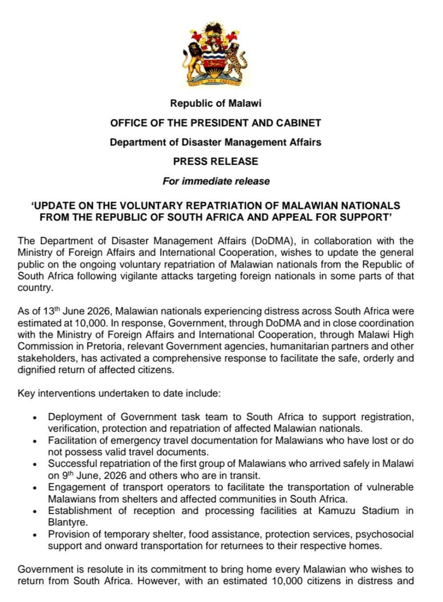 cecild84's tweet photo. I am distressed by the unprecedented level of the humanitarian crisis facing Malawians in Durban, South Africa.  

This crisis is predominantly the fault of Afrophobic thugs in South Africa,  who have stolen the money and personal possession of ordinary Malawians, and touched their homes. 

I will be making a donation for their repatriation.  

Any African who are able to,  should  make contribution for the dignified return of these Africans, if they can.

They are our people and we cannot allow them to die in South Africa.