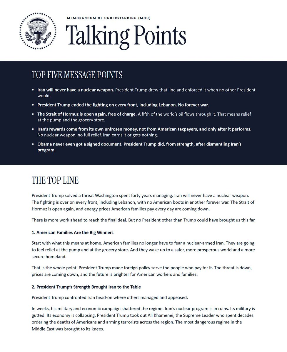 michaeldweiss's tweet photo. Here is the full PDF of White House talking points circulated on the MOU. You can glean much of what's in the doc based on how they're selling it and on what Vance and Kushner said in a call with journalists yesterday. Note that the "small gestures" Kushner alluded to were likely include revenue from allowed Iranian oil sales. Now WSJ confirms that is indeed a reward for signing.
https://t.co/GbocZyZta6