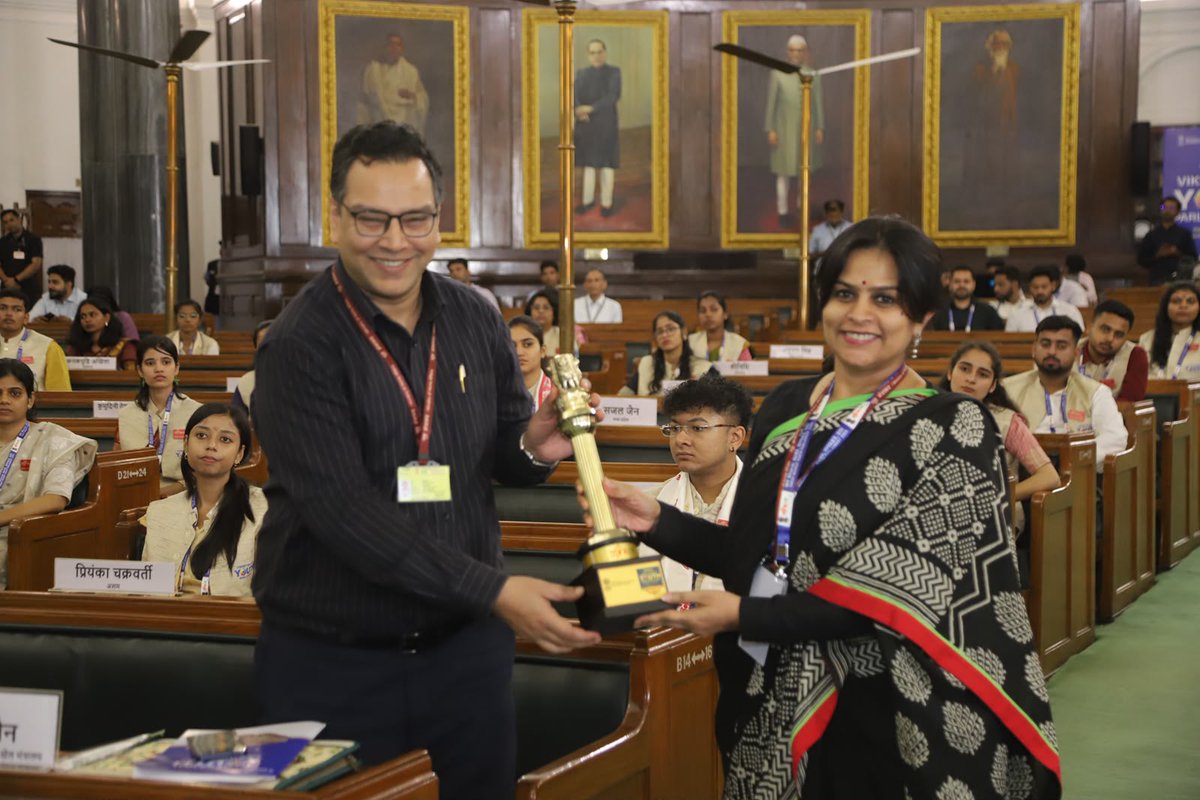 MYBharatHQ's tweet photo. At the Viksit Bharat Youth Parliament 2026, Shri Yaduveer, Hon'ble MP, Karnataka, joined Dr. Shobhit Jain, Joint Secretary (Sports), and Dr. Priyanka Shukla, CEO, MY Bharat, for an engaging Question Hour 1 session. https://t.co/pBU30sMEyv