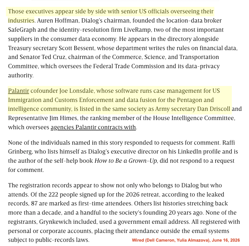 capitolhunters's tweet photo. Wired knows who's in the secret society, and points out the conflicts: "executives appear.. with senior officials overseeing their industries" "Palantir cofounder Joe Lonsdale..in the same society as Army secretary Dan Driscoll" who gives him contracts. That's the Deep State. 10/ https://t.co/qZtkGkmUL1