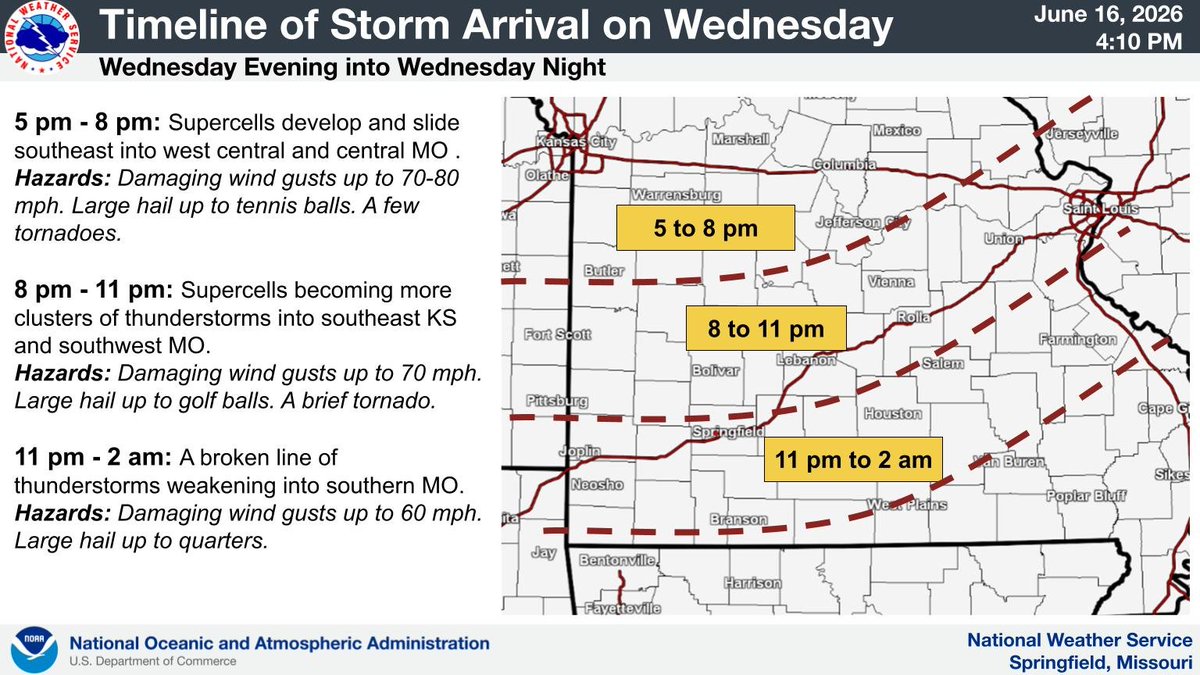 NWSSpringfield's tweet photo. Here is an estimated timeline for thunderstorms tomorrow evening. Remain weather aware tomorrow evening, especially across central Missouri. #sgf #mowx #kswx #ozarkswx #midmowx https://t.co/98HWgWE911