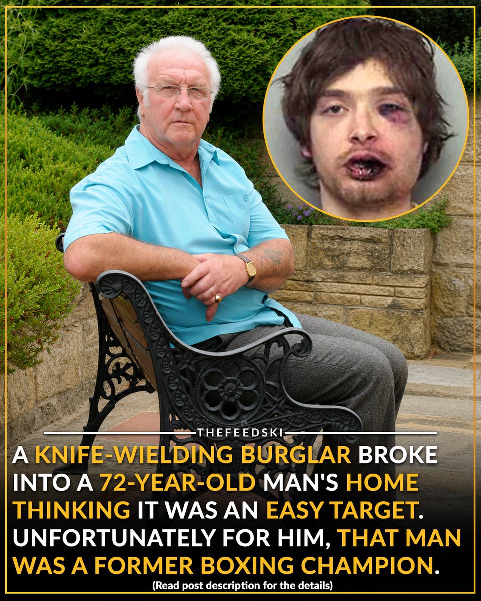 TheFeedskiVids's tweet photo. In 2009, a knife-wielding burglar named Gregory McCalium broke into a home in Oxfordshire, England. 

He found the homeowner, a 72-year-old man, and lunged at him with the blade, clearly expecting an easy victim.

He could not have picked a worse house.

The man was Frank Corti, a former boxing champion who, decades earlier, had served with the Royal Engineers in North Africa. At 72, he was still very handy with his fists.

Corti threw two right hooks. That was all it took.

The burglar crumpled, his face wrecked. When the case reached court, the damage was so severe that McCalium's own defense lawyer admitted the photos of his client looked like he had been in a car accident.

McCalium was convicted of aggravated burglary.