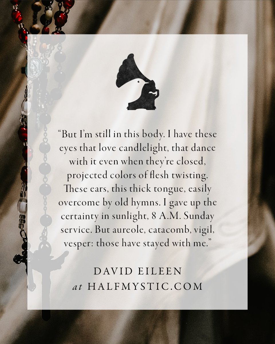 halfmysticpress's tweet photo. We asked three contributors for their personal definitions of vesper. Today, @weirdmuseum takes us to a summer music retreat in middle Ohio—nighttime church, stained glass gone black, chant knitting ever thicker until the whole room lived inside it: https://t.co/kb2ewhslSe https://t.co/zjmSdWanBU